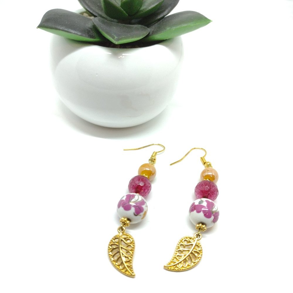 Trio  Dangle Ceramic, Tourmaline and Glass Pearl Earrings with Gold Leaves